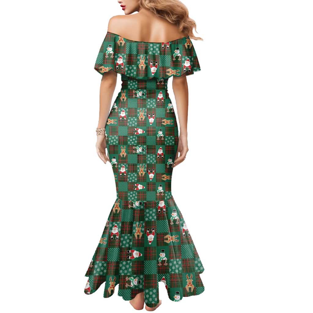 Christmas Patchwork Fake Tuxedo Mermaid Dress Santa and Reindeer Green Plaid Style - Wonder Print Shop