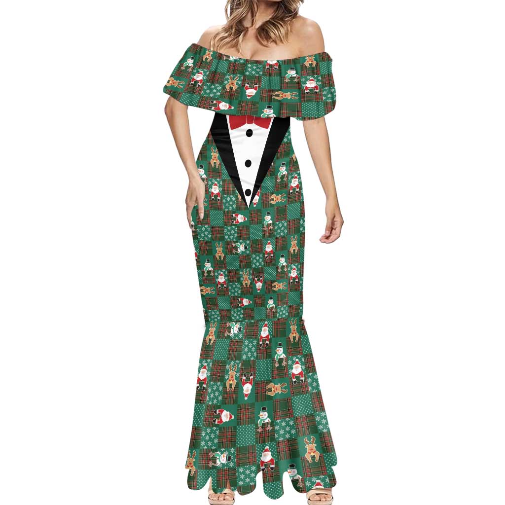 Christmas Patchwork Fake Tuxedo Mermaid Dress Santa and Reindeer Green Plaid Style - Wonder Print Shop