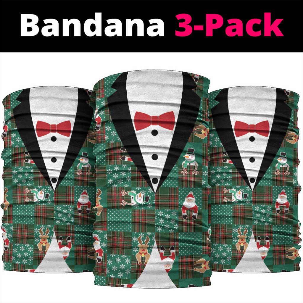 Christmas Patchwork Fake Tuxedo Neck Gaiter Santa and Reindeer Green Plaid Style - Wonder Print Shop