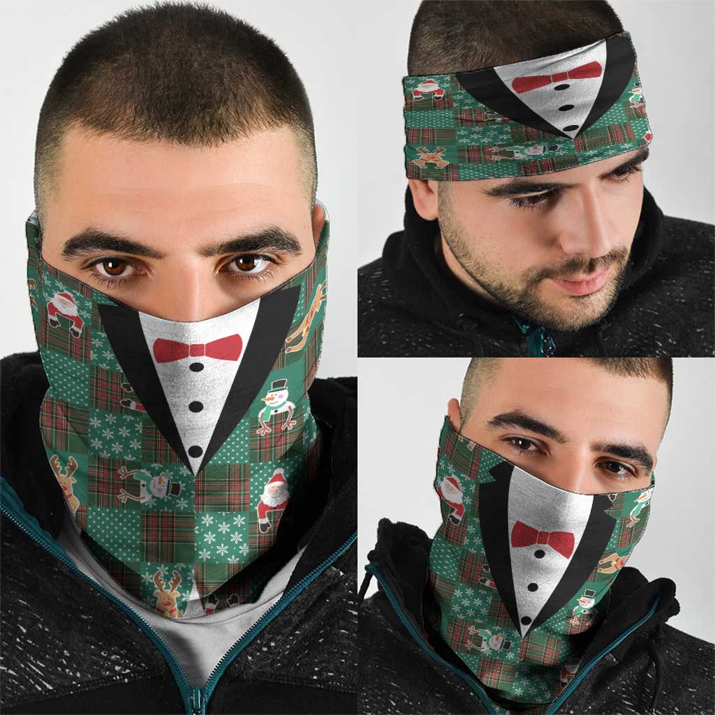 Christmas Patchwork Fake Tuxedo Neck Gaiter Santa and Reindeer Green Plaid Style - Wonder Print Shop