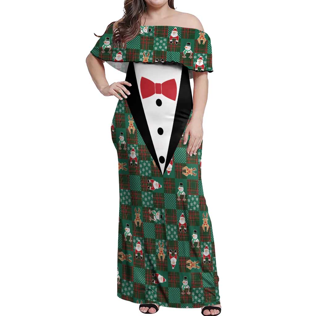 Christmas Patchwork Fake Tuxedo Off Shoulder Maxi Dress Santa and Reindeer Green Plaid Style - Wonder Print Shop