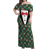 Christmas Patchwork Fake Tuxedo Off Shoulder Maxi Dress Santa and Reindeer Green Plaid Style - Wonder Print Shop