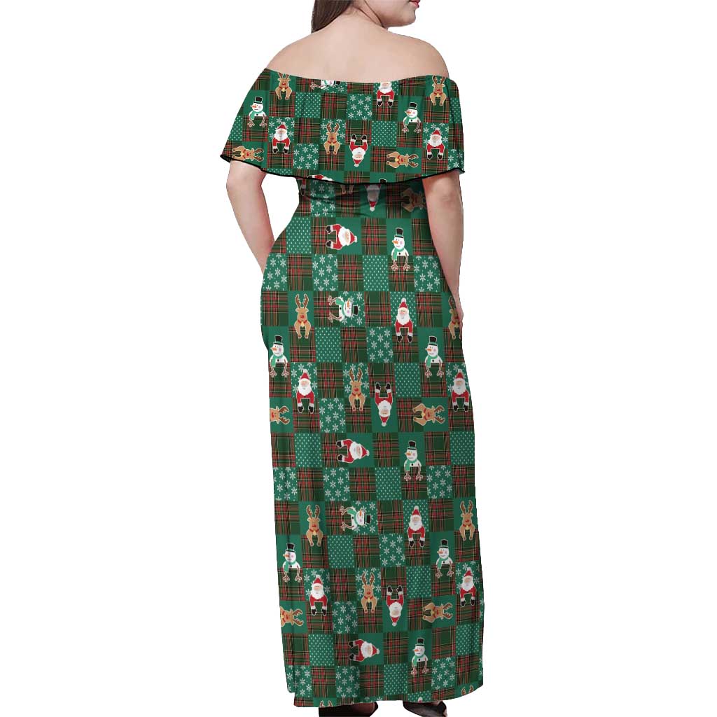 Christmas Patchwork Fake Tuxedo Off Shoulder Maxi Dress Santa and Reindeer Green Plaid Style - Wonder Print Shop