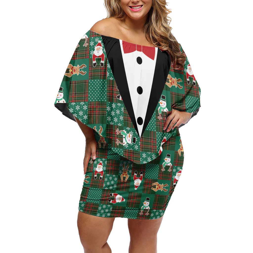 Christmas Patchwork Fake Tuxedo Off Shoulder Short Dress Santa and Reindeer Green Plaid Style - Wonder Print Shop