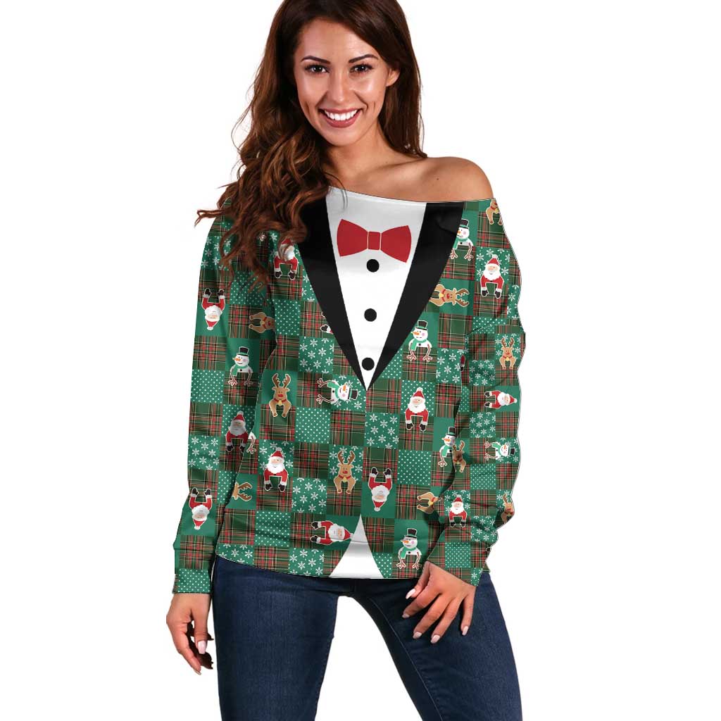 Christmas Patchwork Fake Tuxedo Off Shoulder Sweater Santa and Reindeer Green Plaid Style - Wonder Print Shop