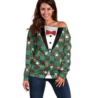 Christmas Patchwork Fake Tuxedo Off Shoulder Sweater Santa and Reindeer Green Plaid Style - Wonder Print Shop
