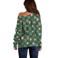 Christmas Patchwork Fake Tuxedo Off Shoulder Sweater Santa and Reindeer Green Plaid Style - Wonder Print Shop
