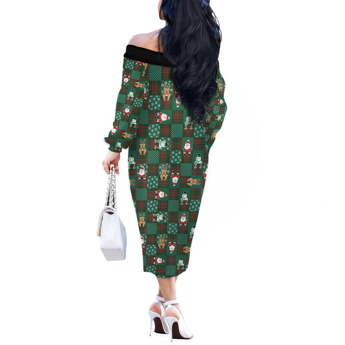 Christmas Patchwork Fake Tuxedo Off The Shoulder Long Sleeve Dress Santa and Reindeer Green Plaid Style - Wonder Print Shop