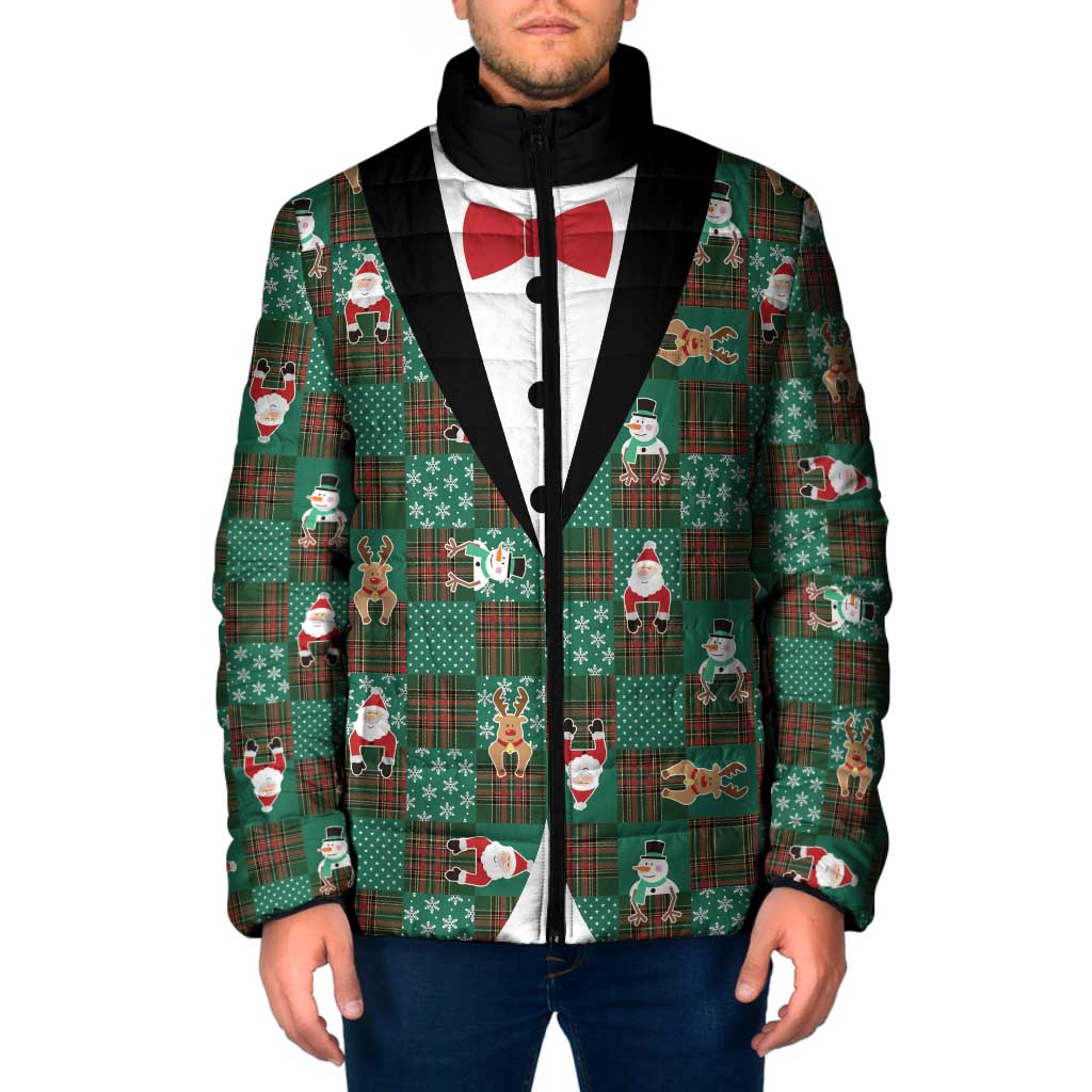 Christmas Patchwork Fake Tuxedo Padded Jacket Santa and Reindeer Green Plaid Style - Wonder Print Shop