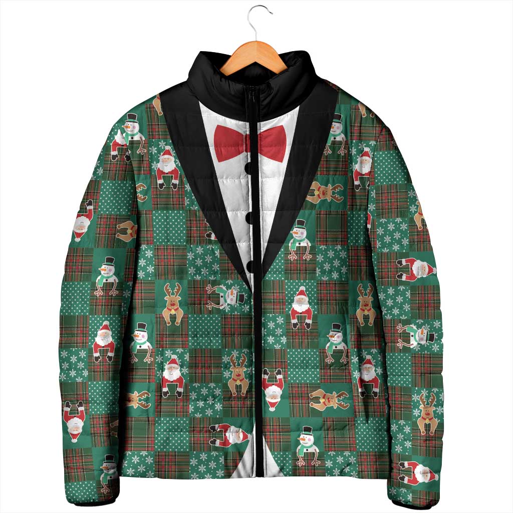 Christmas Patchwork Fake Tuxedo Padded Jacket Santa and Reindeer Green Plaid Style - Wonder Print Shop
