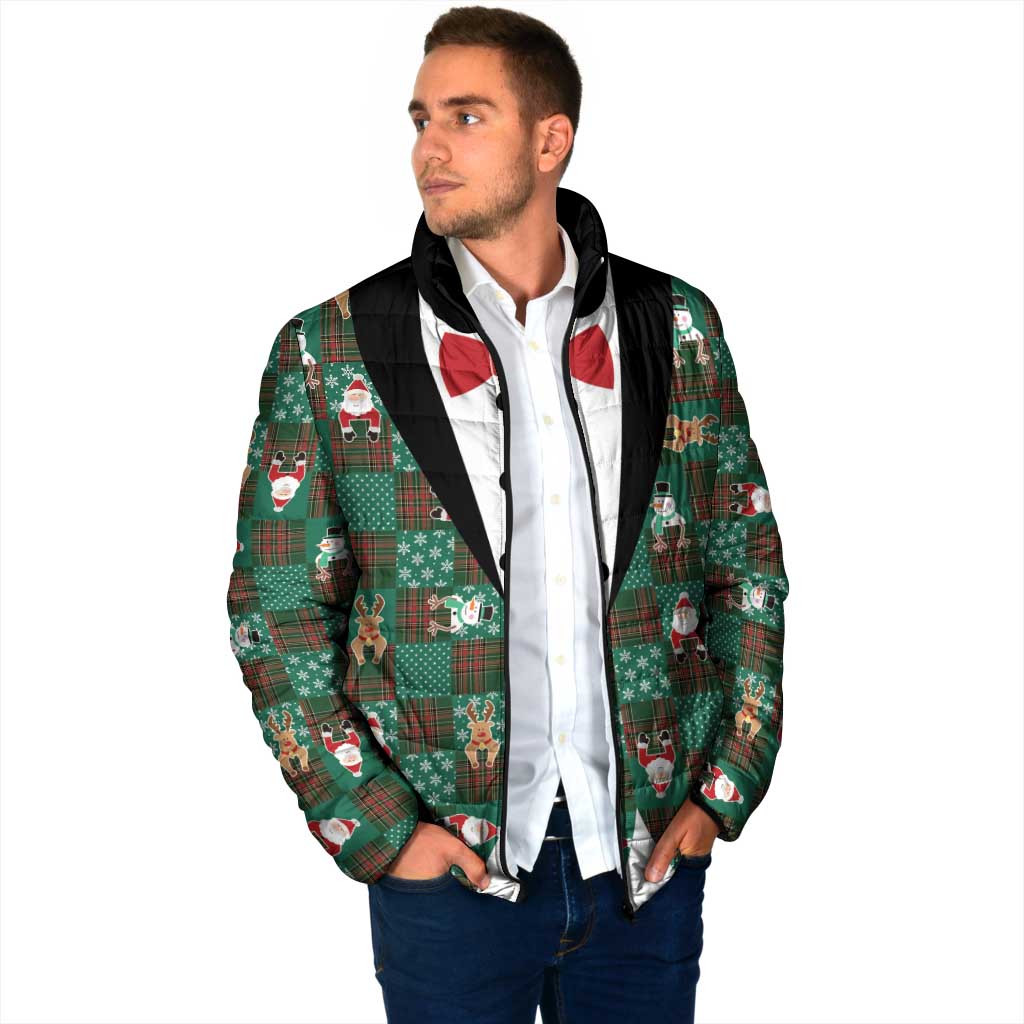 Christmas Patchwork Fake Tuxedo Padded Jacket Santa and Reindeer Green Plaid Style - Wonder Print Shop