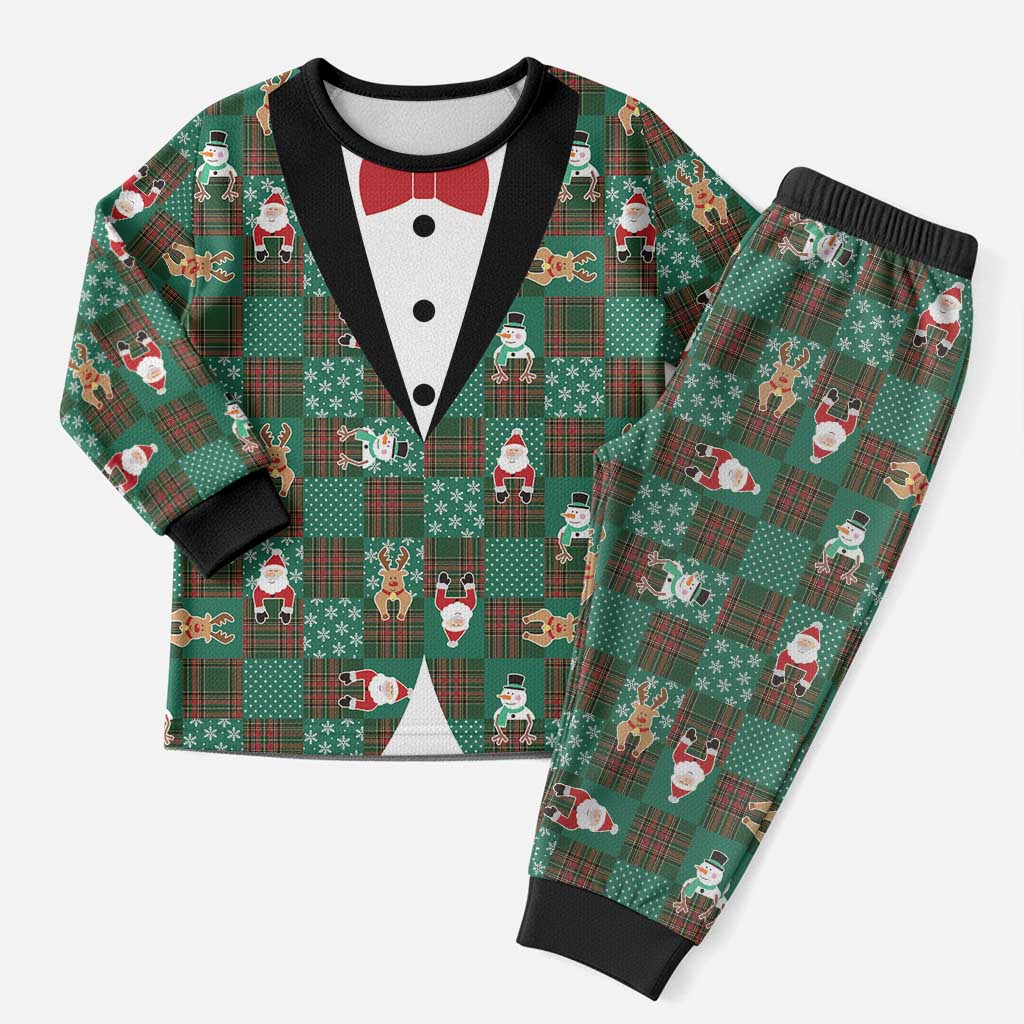 Christmas Patchwork Fake Tuxedo Christmas Pajama Set Santa and Reindeer Green Plaid Style - Wonder Print Shop