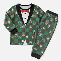 Christmas Patchwork Fake Tuxedo Christmas Pajama Set Santa and Reindeer Green Plaid Style - Wonder Print Shop