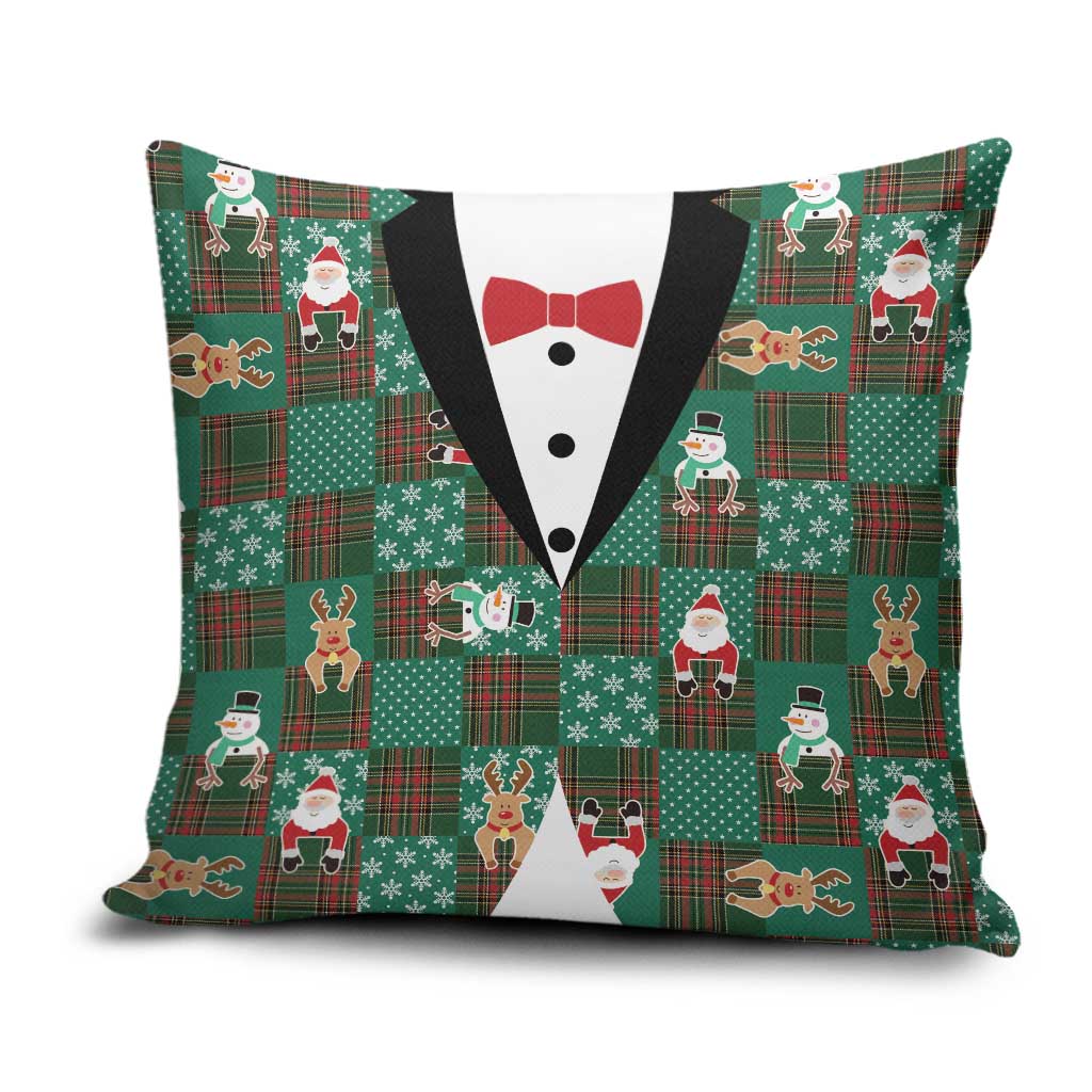 Christmas Patchwork Fake Tuxedo Pillow Cover Santa and Reindeer Green Plaid Style - Wonder Print Shop