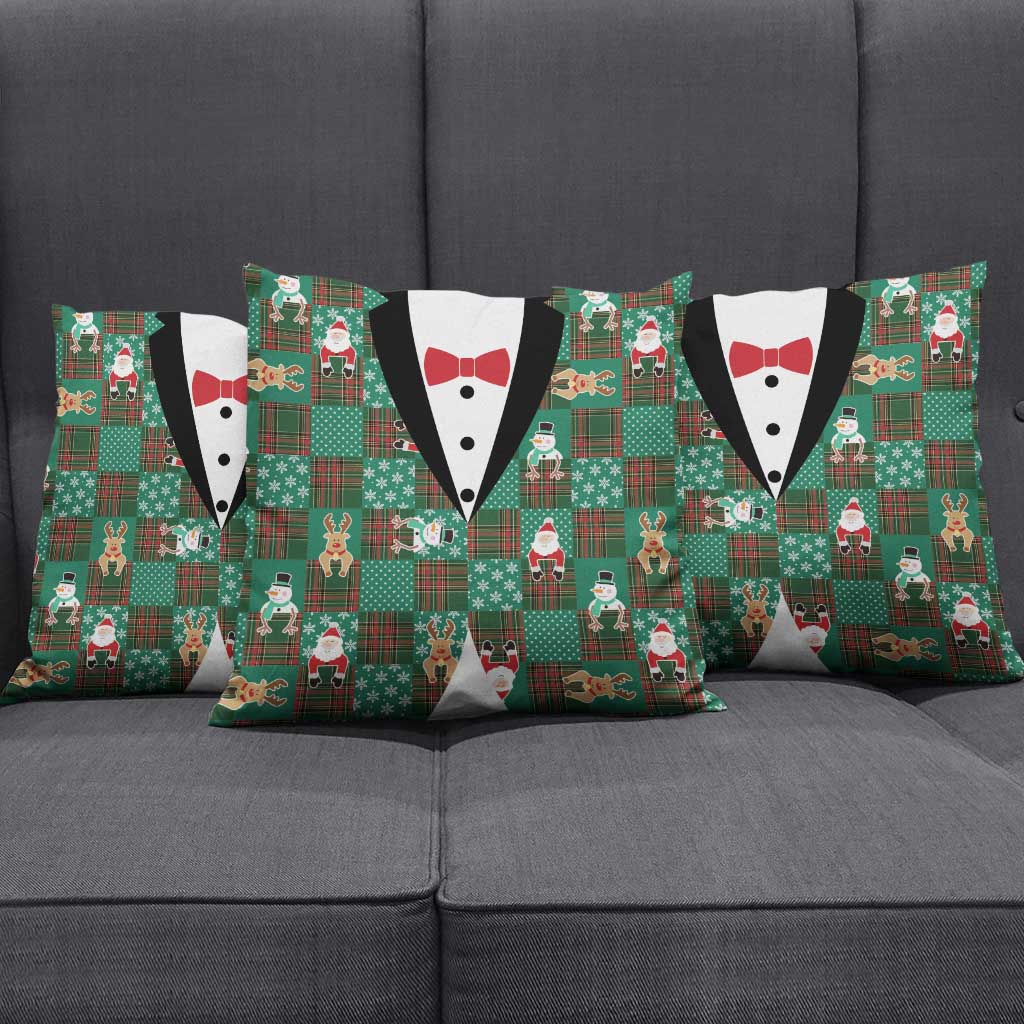 Christmas Patchwork Fake Tuxedo Pillow Cover Santa and Reindeer Green Plaid Style - Wonder Print Shop