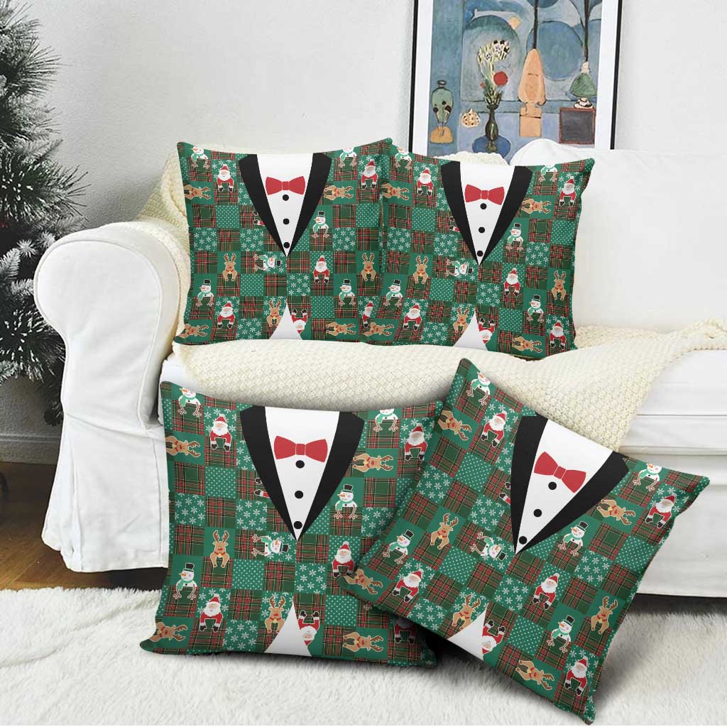 Christmas Patchwork Fake Tuxedo Pillow Cover Santa and Reindeer Green Plaid Style - Wonder Print Shop
