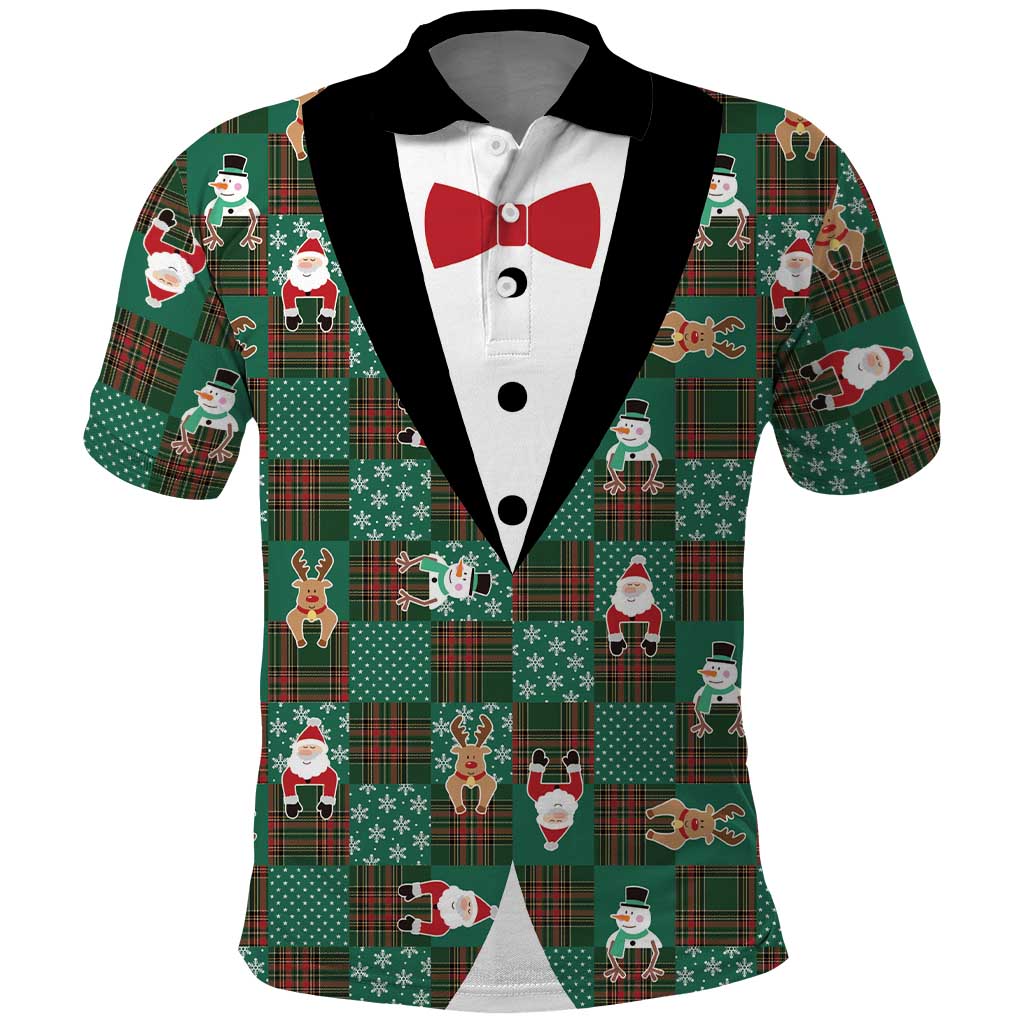 Christmas Patchwork Fake Tuxedo Polo Shirt Santa and Reindeer Green Plaid Style - Wonder Print Shop