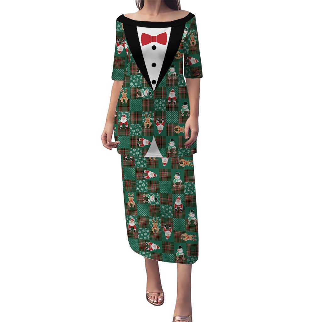 Christmas Patchwork Fake Tuxedo Puletasi Santa and Reindeer Green Plaid Style - Wonder Print Shop
