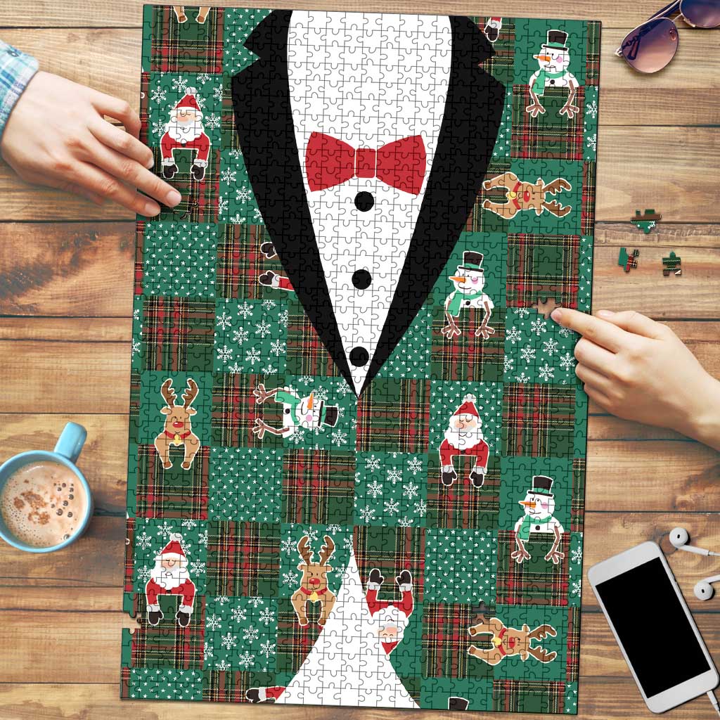 Christmas Patchwork Fake Tuxedo Puzzle Santa and Reindeer Green Plaid Style - Wonder Print Shop