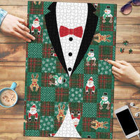 Christmas Patchwork Fake Tuxedo Puzzle Santa and Reindeer Green Plaid Style - Wonder Print Shop