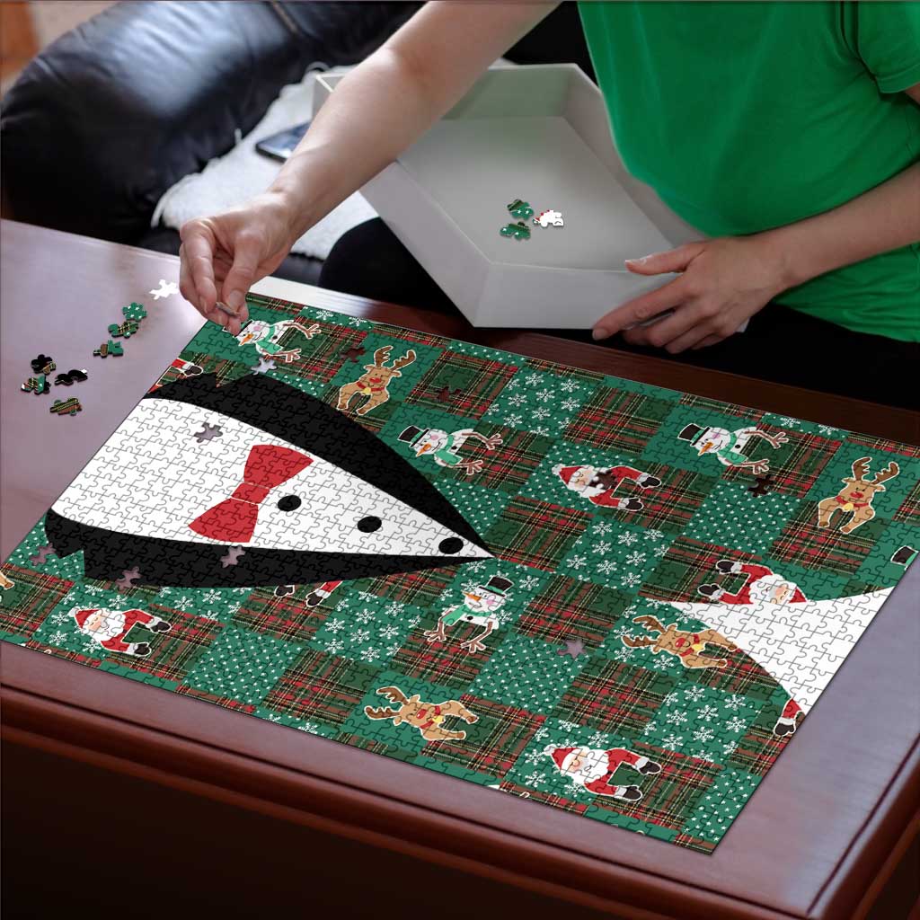 Christmas Patchwork Fake Tuxedo Puzzle Santa and Reindeer Green Plaid Style - Wonder Print Shop