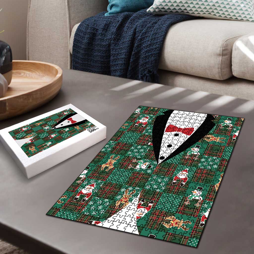 Christmas Patchwork Fake Tuxedo Puzzle Santa and Reindeer Green Plaid Style - Wonder Print Shop