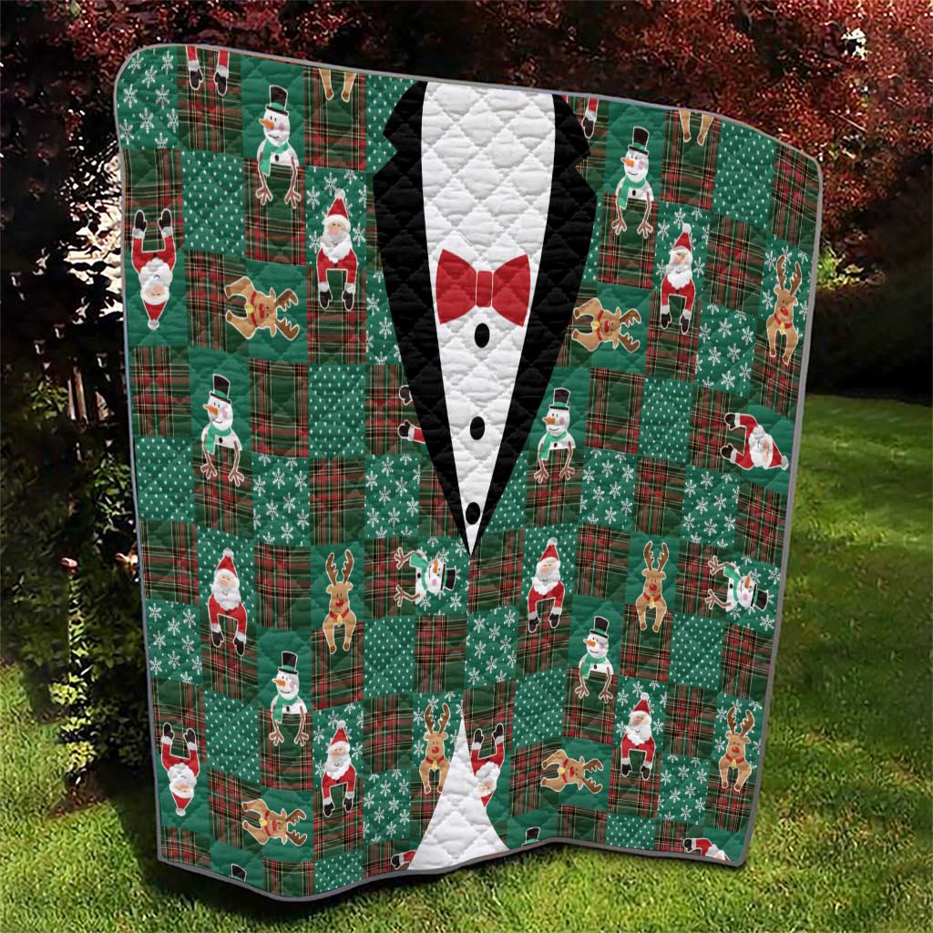 Christmas Patchwork Fake Tuxedo Quilt Santa and Reindeer Green Plaid Style - Wonder Print Shop