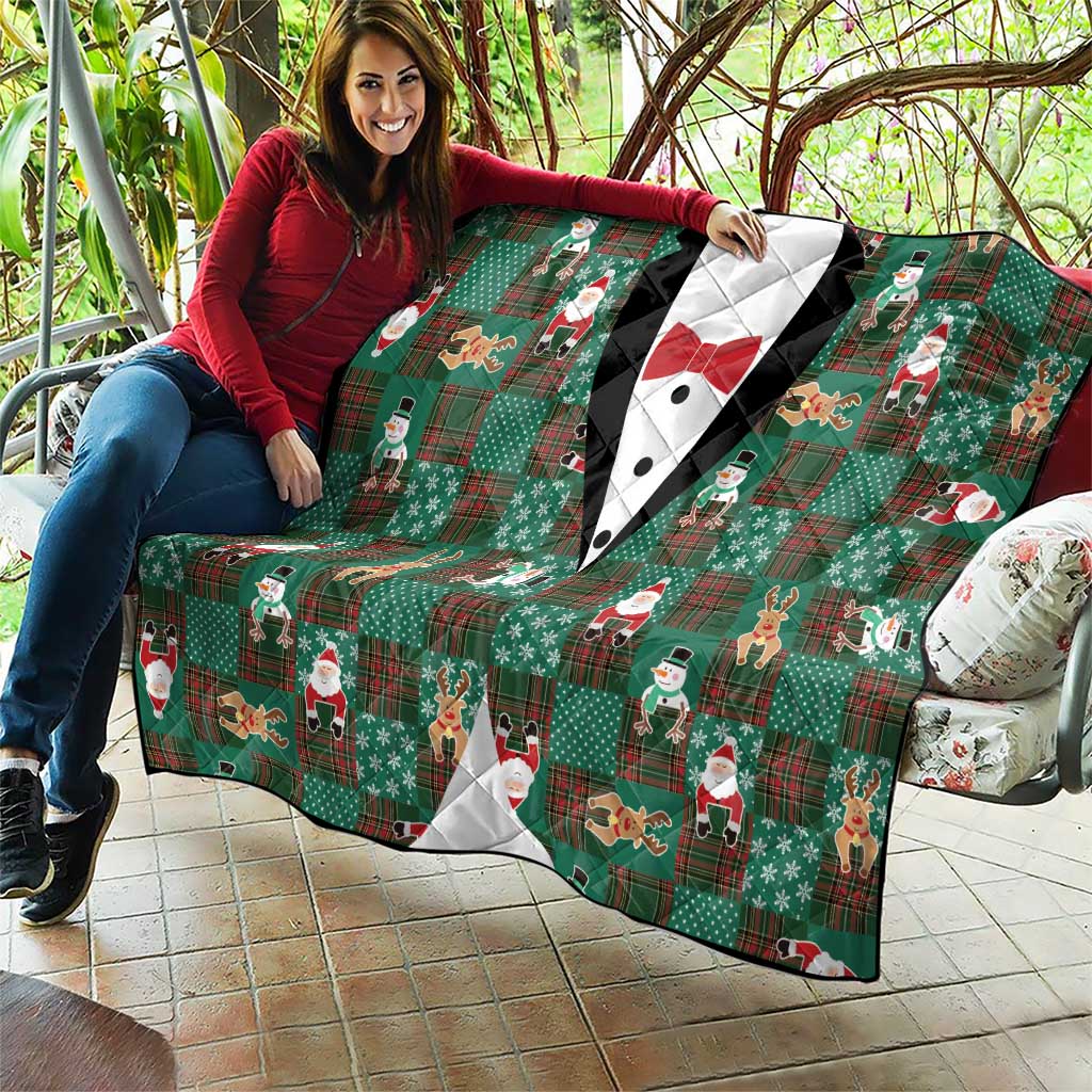 Christmas Patchwork Fake Tuxedo Quilt Santa and Reindeer Green Plaid Style - Wonder Print Shop