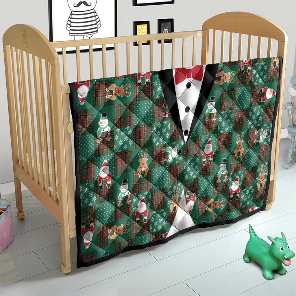 Christmas Patchwork Fake Tuxedo Quilt Santa and Reindeer Green Plaid Style - Wonder Print Shop