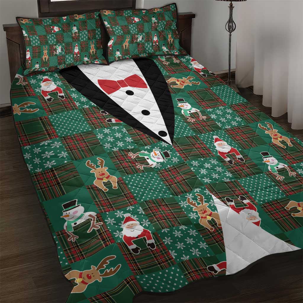 Christmas Patchwork Fake Tuxedo Quilt Bed Set Santa and Reindeer Green Plaid Style - Wonder Print Shop