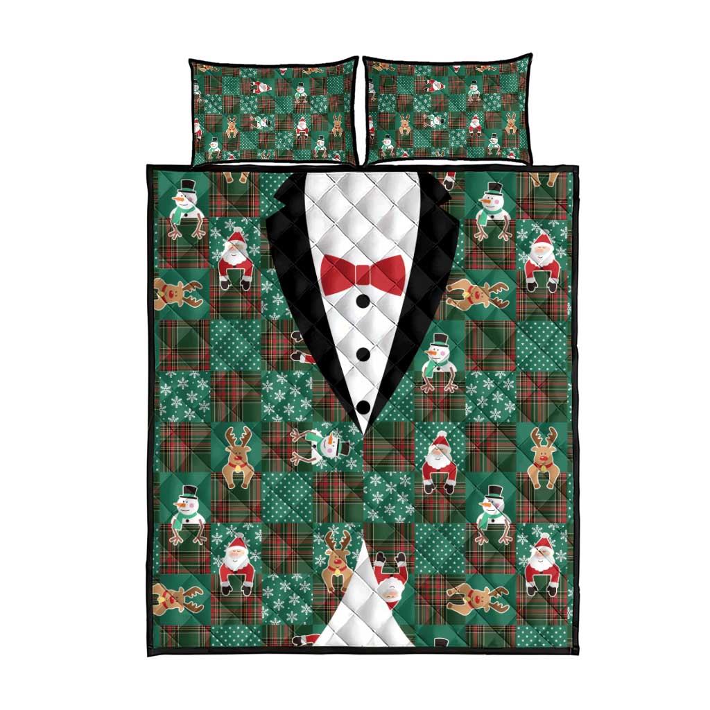Christmas Patchwork Fake Tuxedo Quilt Bed Set Santa and Reindeer Green Plaid Style - Wonder Print Shop