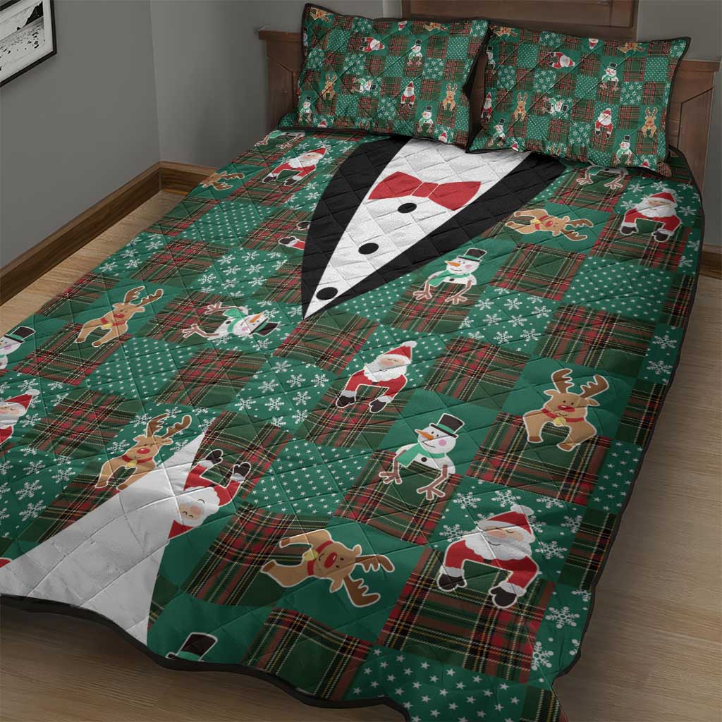 Christmas Patchwork Fake Tuxedo Quilt Bed Set Santa and Reindeer Green Plaid Style - Wonder Print Shop