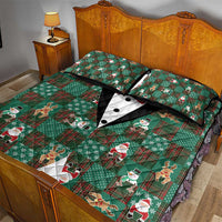 Christmas Patchwork Fake Tuxedo Quilt Bed Set Santa and Reindeer Green Plaid Style - Wonder Print Shop