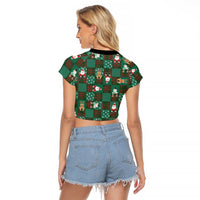 Christmas Patchwork Fake Tuxedo Raglan Cropped T Shirt Santa and Reindeer Green Plaid Style - Wonder Print Shop