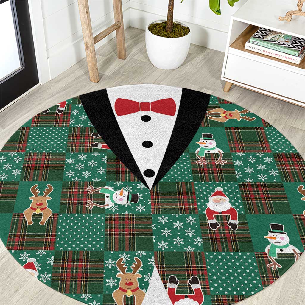 Christmas Patchwork Fake Tuxedo Round Carpet Santa and Reindeer Green Plaid Style - Wonder Print Shop