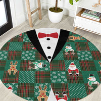 Christmas Patchwork Fake Tuxedo Round Carpet Santa and Reindeer Green Plaid Style - Wonder Print Shop