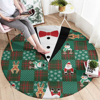 Christmas Patchwork Fake Tuxedo Round Carpet Santa and Reindeer Green Plaid Style - Wonder Print Shop