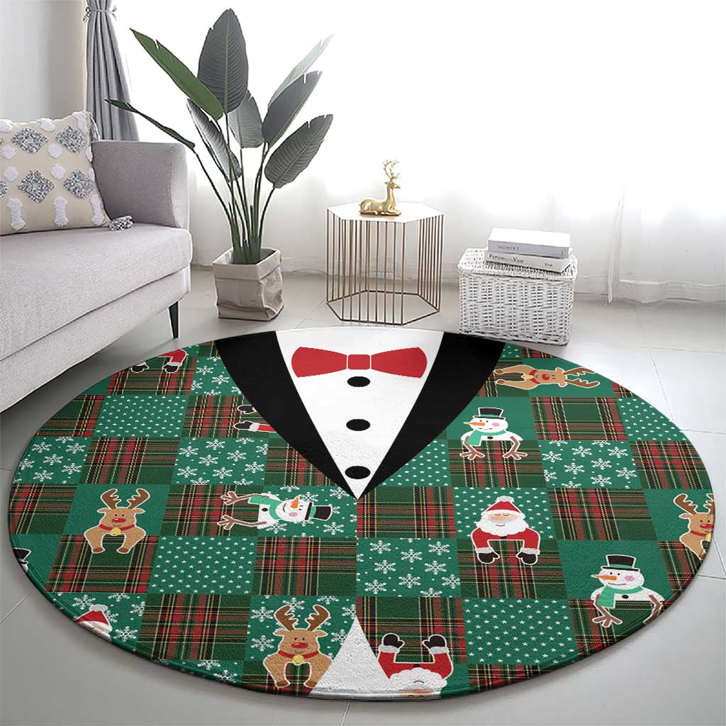 Christmas Patchwork Fake Tuxedo Round Carpet Santa and Reindeer Green Plaid Style - Wonder Print Shop