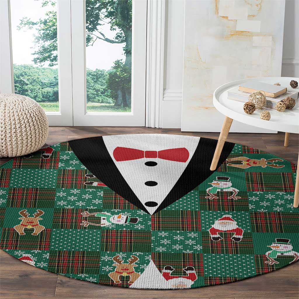 Christmas Patchwork Fake Tuxedo Round Carpet Santa and Reindeer Green Plaid Style - Wonder Print Shop
