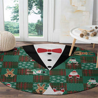 Christmas Patchwork Fake Tuxedo Round Carpet Santa and Reindeer Green Plaid Style - Wonder Print Shop