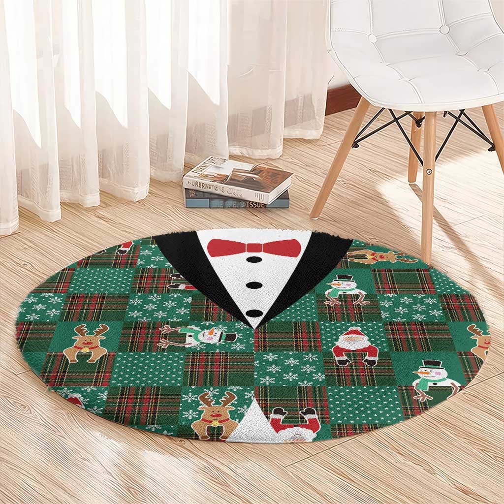 Christmas Patchwork Fake Tuxedo Round Carpet Santa and Reindeer Green Plaid Style - Wonder Print Shop