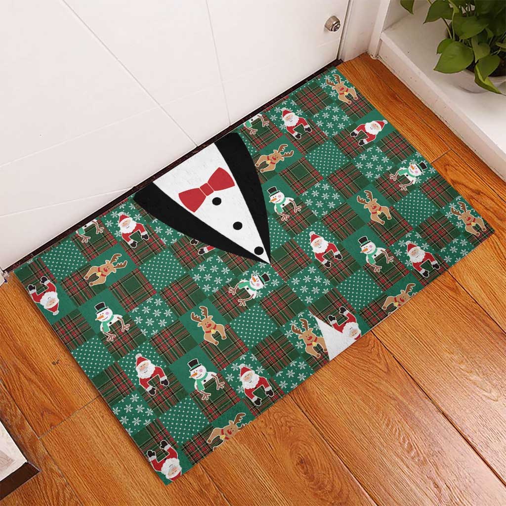Christmas Patchwork Fake Tuxedo Rubber Doormat Santa and Reindeer Green Plaid Style - Wonder Print Shop