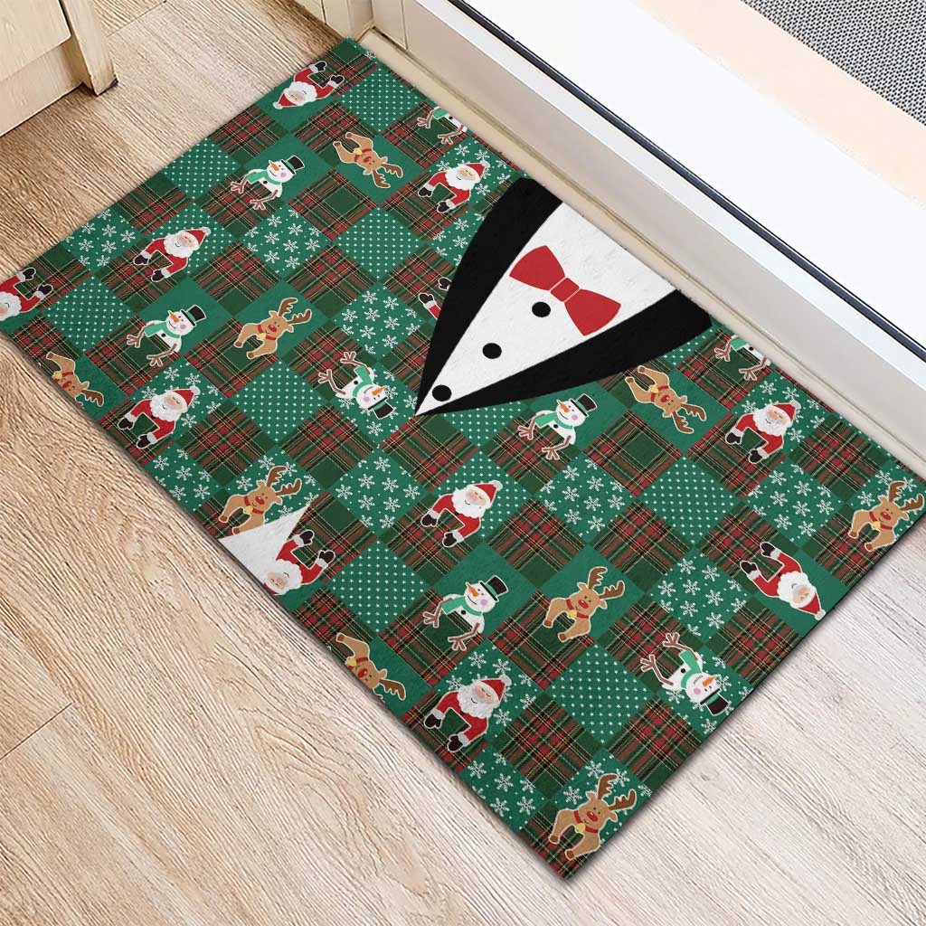Christmas Patchwork Fake Tuxedo Rubber Doormat Santa and Reindeer Green Plaid Style - Wonder Print Shop