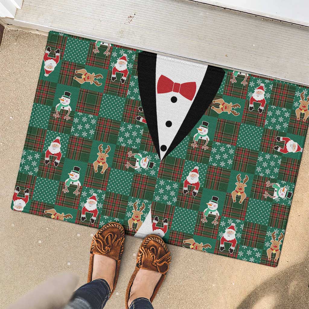 Christmas Patchwork Fake Tuxedo Rubber Doormat Santa and Reindeer Green Plaid Style - Wonder Print Shop