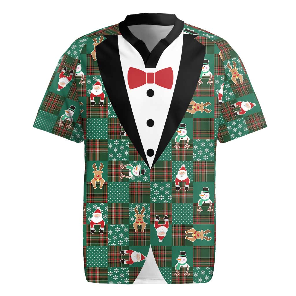 Christmas Patchwork Fake Tuxedo Rugby Jersey Santa and Reindeer Green Plaid Style - Wonder Print Shop