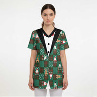 Christmas Patchwork Fake Tuxedo Scrub Top Santa and Reindeer Green Plaid Style - Wonder Print Shop