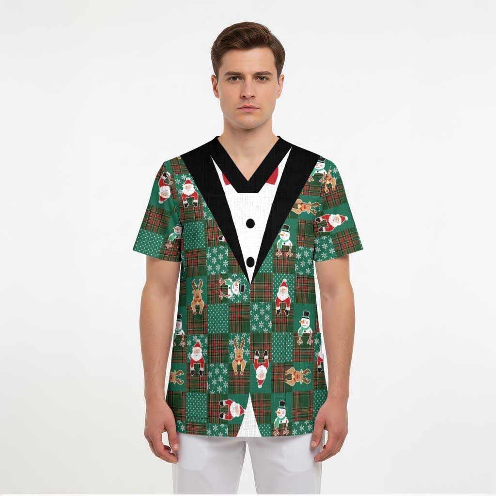 Christmas Patchwork Fake Tuxedo Scrub Top Santa and Reindeer Green Plaid Style - Wonder Print Shop