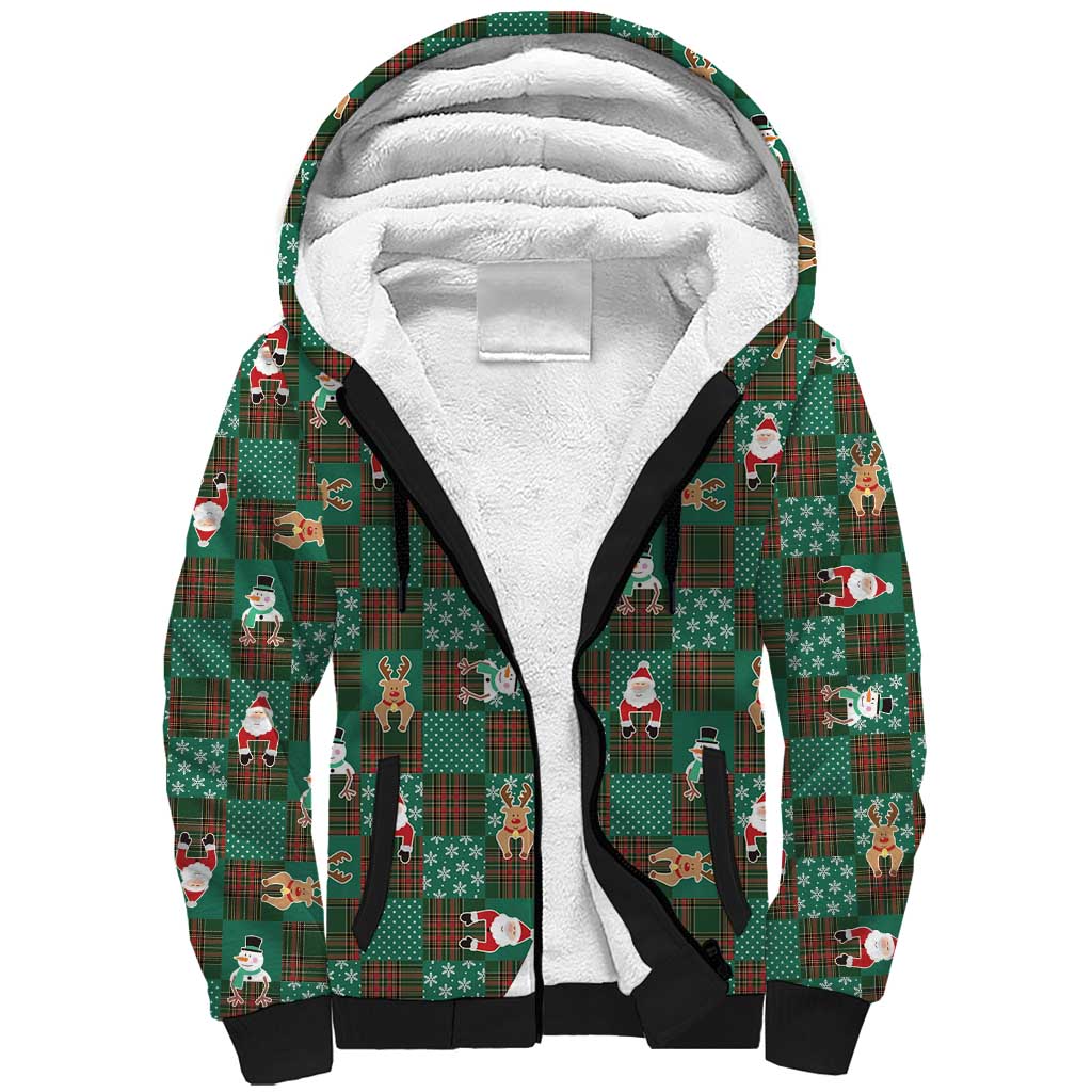 Christmas Patchwork Fake Tuxedo Sherpa Hoodie Santa and Reindeer Green Plaid Style - Wonder Print Shop