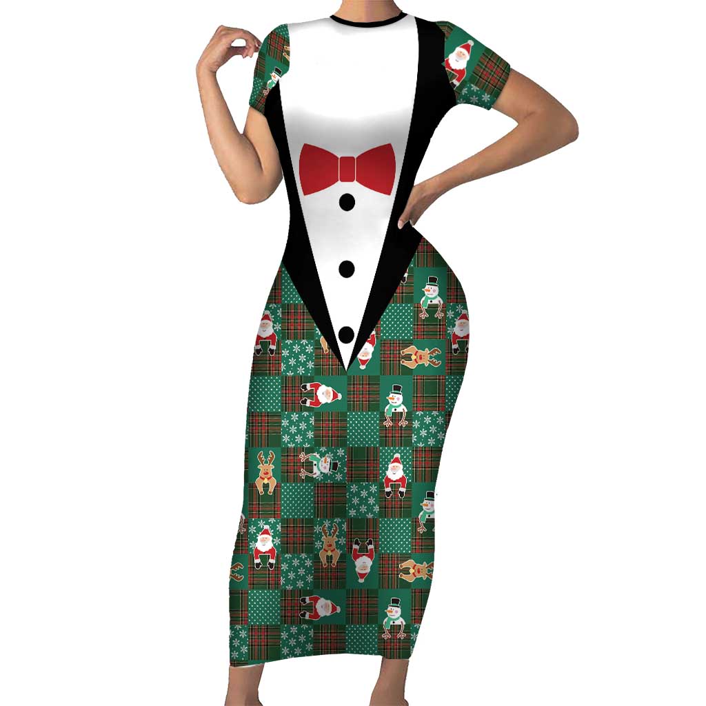 Christmas Patchwork Fake Tuxedo Short Sleeve Bodycon Dress Santa and Reindeer Green Plaid Style - Wonder Print Shop