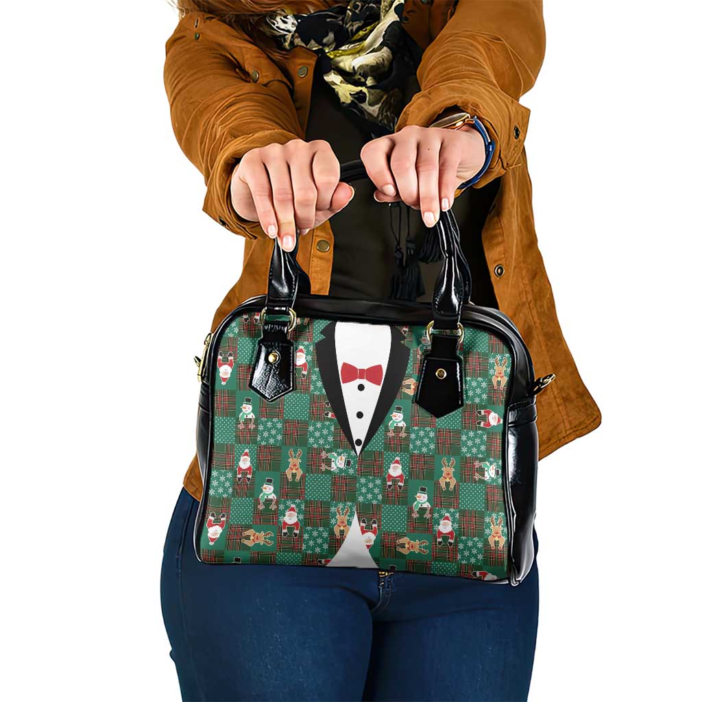 Christmas Patchwork Fake Tuxedo Shoulder Handbag Santa and Reindeer Green Plaid Style - Wonder Print Shop